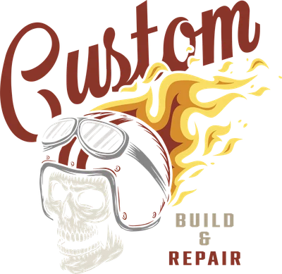 Hình minh họa đầu lâu đội mũ bảo hiểm và kính, có ngọn lửa và chữ 'Custom', 'Build & Repair'.