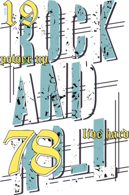 Thiết kế typography Rock and Roll với hiệu ứng texture bụi bặm, màu xanh nhạt và vàng trên nền xám