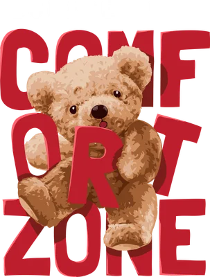 Hình minh họa gấu bông màu nâu dễ thương ôm lấy các chữ cái màu đỏ tạo thành cụm 'Comfort Zone' trên nền xám.