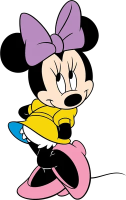 Hình ảnh hoạt hình Minnie Mouse đáng yêu với nơ tím, áo vàng và giày hồng, đang tạo dáng vui tươi.