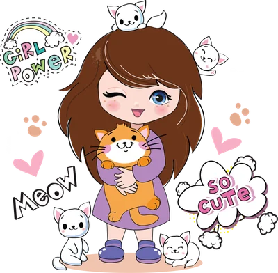 Hình ảnh minh họa cô gái chibi tóc nâu, mắt xanh, đang ôm một chú mèo con màu cam, xung quanh có nhiều mèo con trắng và các biểu tượng dễ thương.