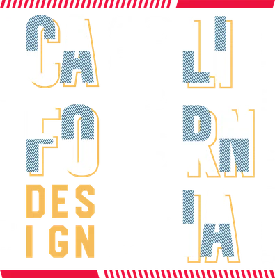 Hình in chữ California Superior Design Originals với font chữ đậm, sọc xanh và viền vàng trên nền xám.