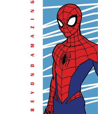 Hình ảnh Spider-Man với bộ trang phục đỏ xanh đặc trưng, đứng trên nền xanh có sọc trắng.