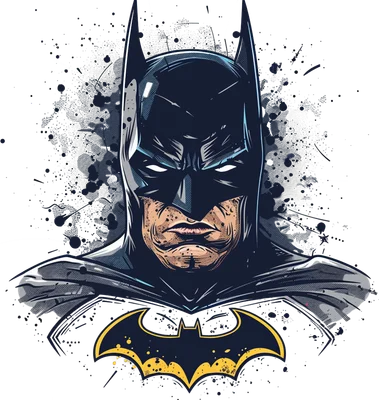 Hình ảnh Batman với mặt nạ đen, áo giáp xám và biểu tượng dơi vàng, phong cách truyện tranh với hiệu ứng bắn mực.