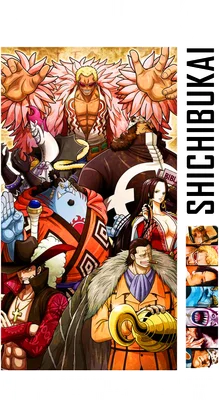 Tranh vẽ nhóm Thất Vũ Hải (Shichibukai) trong One Piece, bao gồm Mihawk, Doflamingo, Crocodile, Hancock, Jinbei, Kuma, Moria.