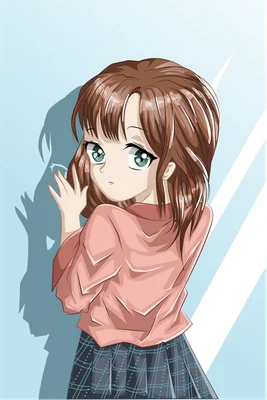 Hình ảnh cô gái anime tóc nâu, mắt xanh lá cây, mặc áo hồng và váy kẻ, đứng dựa vào tường xanh nhạt.