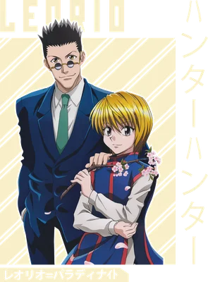 Hình ảnh Leorio và Kurapika từ anime Hunter x Hunter, với Leorio đứng sau và Kurapika cầm cành hoa anh đào.