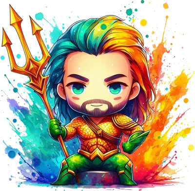Hình vẽ chibi Aquaman với tóc xanh vàng, râu quai nón, cầm đinh ba vàng, trang phục vảy cá xanh lá, nền màu nước sặc sỡ.