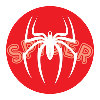 Biểu tượng nhện trắng trên nền đỏ tròn, có chữ 'SPIDER' cách điệu phía sau.