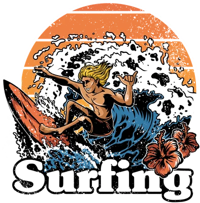 Hình ảnh chàng trai tóc vàng lướt ván trên sóng biển lớn, có hoa dâm bụt và chữ 'Surfing' bên dưới.