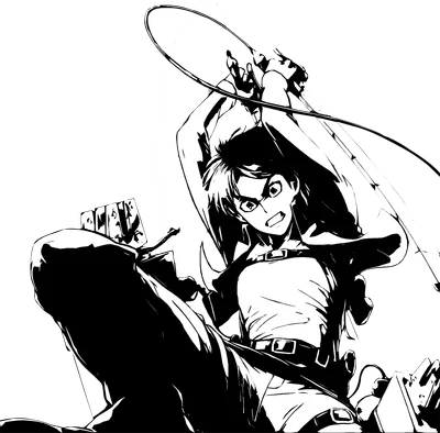 Hình ảnh nhân vật anime nam với biểu cảm quyết tâm, đang sử dụng thiết bị bay và kiếm, phong cách đen trắng.
