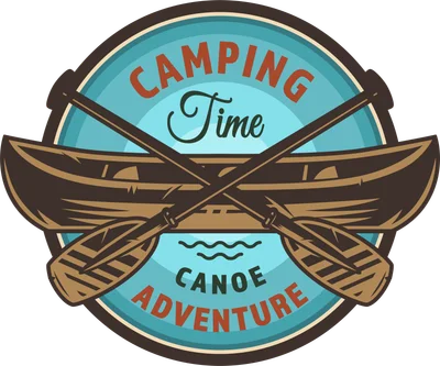 Biểu tượng hình tròn với hình ảnh thuyền canoe và mái chèo bắt chéo, có chữ 'Camping Time' và 'Canoe Adventure'.