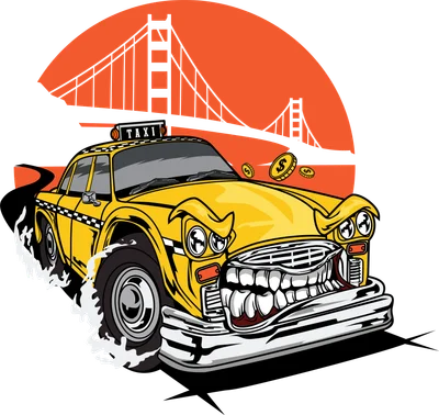 Hình minh họa xe taxi màu vàng với biểu cảm giận dữ, phong cách hoạt hình độc đáo
