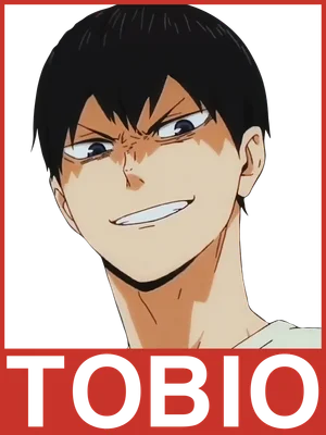 Hình ảnh nhân vật anime Tobio Kageyama với biểu cảm hài hước, có chữ TOBIO ở dưới.