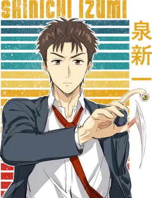 Hình vẽ anime Shinichi Izumi và sinh vật ký sinh Migi, với nền sọc ngang màu xanh, vàng và đỏ.