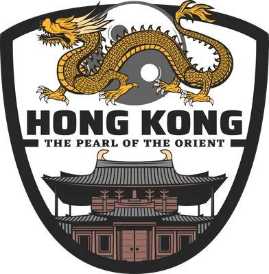 Hình ảnh rồng vàng phương Đông cuộn quanh biểu tượng âm dương, phía dưới là kiến trúc cổ kính và dòng chữ Hong Kong.