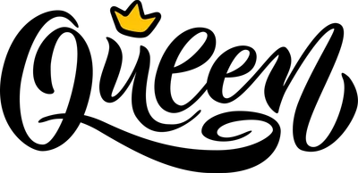 Chữ 'Queen' viết tay kiểu calligraphy màu đen, có vương miện vàng phía trên chữ 'Q'.
