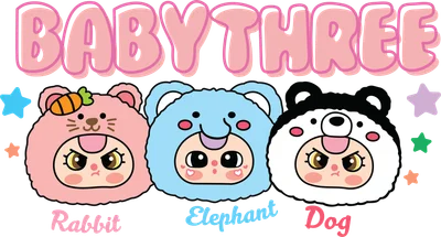 Hình minh họa ba em bé hoạt hình đội mũ thỏ hồng, voi xanh và chó đen với chữ Baby Three