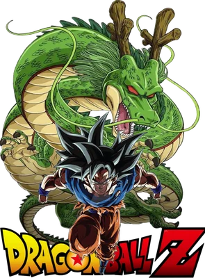 Hình ảnh Goku ở trạng thái Siêu Xayda Bản Năng Vô Cực cùng Thần Long xanh lá cây khổng lồ, logo Dragon Ball Z.