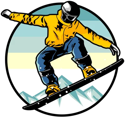 Hình minh họa vận động viên trượt tuyết snowboard áo vàng quần xanh đang lướt trên nền núi và bầu trời.