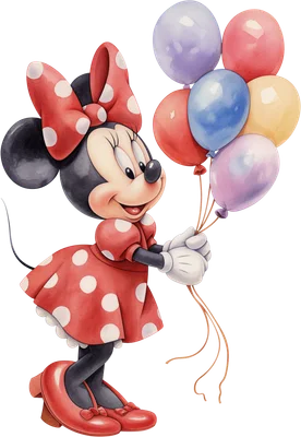 Minnie Mouse hoạt hình mặc váy chấm bi đỏ, cầm chùm bóng bay nhiều màu sắc trên nền xám.
