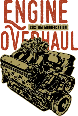 Hình minh họa động cơ xe hơi chi tiết với chữ Engine Overhaul phong cách cổ điển