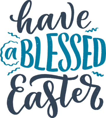 Hình ảnh chữ 'Have a Blessed Easter' với phông chữ thư pháp, màu xanh đậm và xanh ngọc trên nền xám.