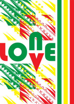 Hình ảnh chữ "ONE LOVE" với các họa tiết Rasta màu xanh lá, đỏ, vàng trên nền xám.