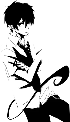 Hình vẽ anime đen trắng một chàng trai mặc áo sơ mi trắng, cà vạt, với mái tóc nhọn và biểu cảm bí ẩn.