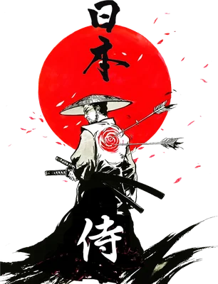 Hình ảnh chiến binh Samurai đội nón lá, cầm kiếm, với mũi tên xuyên qua lưng, dưới ánh trăng đỏ và chữ Hán.
