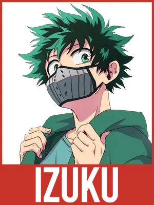 Hình ảnh nhân vật anime Izuku Midoriya với mái tóc xanh lá, đeo mặt nạ xám và áo khoác xanh lá.