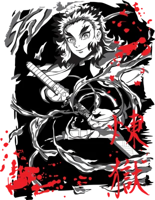 Hình ảnh Kyojuro Rengoku, nhân vật anime Demon Slayer, với kiếm và hiệu ứng lửa, phong cách vẽ đen trắng đỏ.