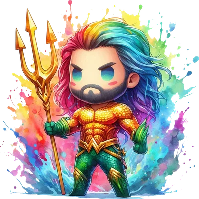 Hình chibi Aquaman tóc cầu vồng, râu quai nón, cầm đinh ba vàng, nền màu nước sặc sỡ
