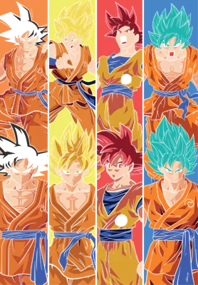 Hình ảnh Goku với các biến đổi sức mạnh: Super Saiyan, Super Saiyan God, Super Saiyan Blue.