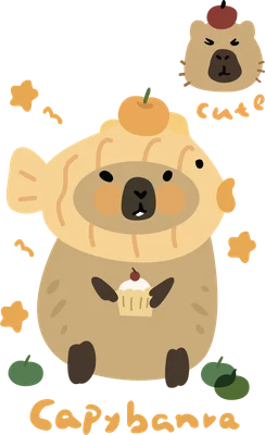 Hình minh họa capybara hoạt hình dễ thương đội mũ cá vàng, cầm bánh cupcake, trên nền xám với chữ 'Capybara' và 'cute'.