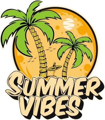 Thiết kế mùa hè nhiệt đới: cây dừa, lướt sóng, chữ Summer Vibes