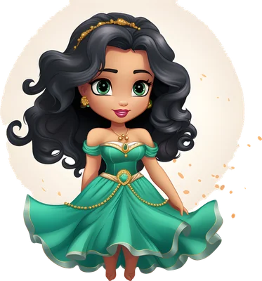 Hình ảnh cô gái chibi mắt xanh tóc đen, mặc váy xanh ngọc bích, đeo trang sức vàng, phong cách hoạt hình dễ thương.