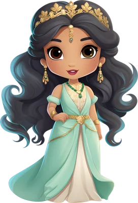 Hình vẽ công chúa Jasmine chibi dễ thương với váy xanh ngọc, tóc đen dài và trang sức vàng lấp lánh.