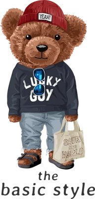 Hình vẽ gấu bông đội mũ đỏ, mặc áo hoodie có chữ "LUCKY GUY", quần jeans, đeo kính râm và cầm túi vải "SAVE THE WORLD".