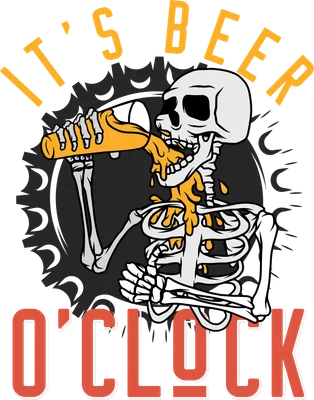Hình in bộ xương đang uống bia với dòng chữ It's Beer O'Clock phong cách hoạt hình