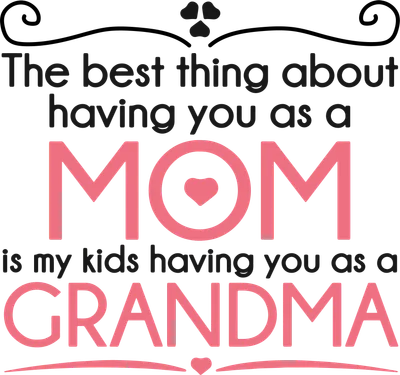 Hình in chữ 'The best thing about having you as a MOM is my kids having you as a GRANDMA' màu hồng và đen trên nền xám.