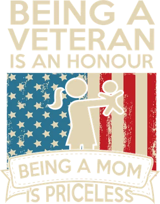 Thiết kế typography Being a veteran is an honour being a mom is priceless với hình ảnh cờ Mỹ và mẹ bế con