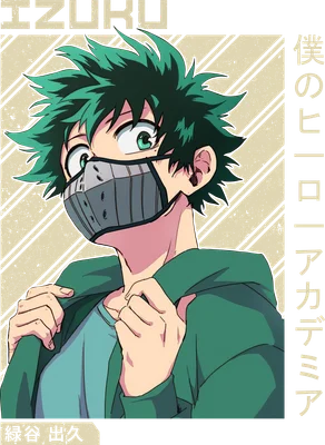 Hình vẽ anime Izuku Midoriya với mái tóc xanh lá, đeo khẩu trang và áo hoodie xanh lá.