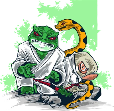 Hình minh họa ếch và rắn mặc võ phục karate đang chiến đấu phong cách hoạt hình
