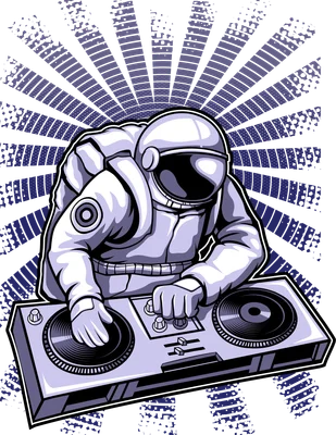 Hình ảnh phi hành gia đang chơi nhạc trên bàn DJ với nền hiệu ứng tia sáng và họa tiết chấm bi.