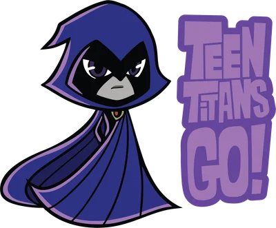 Hình ảnh chibi Raven từ Teen Titans Go! với áo choàng tím và biểu cảm nghiêm nghị.