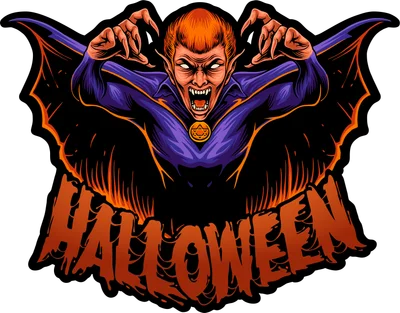 Hình minh họa ma cà rồng Dracula đáng sợ với đôi cánh dơi và chữ Halloween phong cách kinh dị