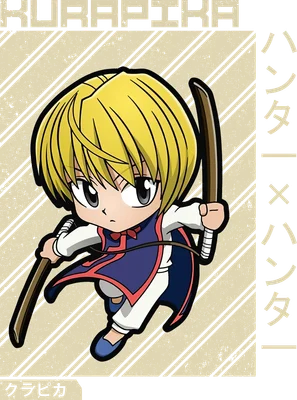 Hình ảnh chibi Kurapika từ anime Hunter x Hunter, cầm vũ khí, phong cách hoạt hình Nhật Bản.