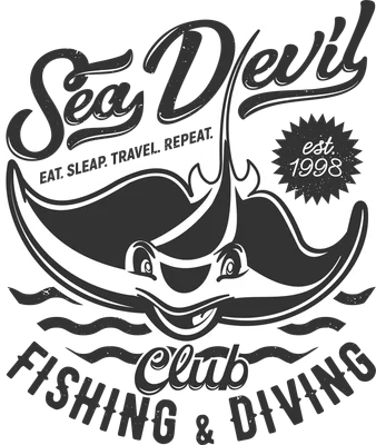 Hình in cá đuối hoạt hình màu xám đen với viền trắng, chữ 'Sea Devil Fishing & Diving Club est. 1998' phong cách vintage.