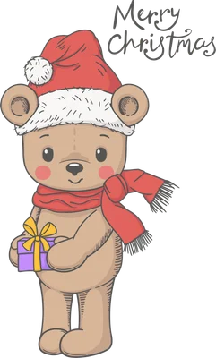 Hình vẽ chú gấu bông màu nâu đội mũ ông già Noel, quàng khăn đỏ, tay cầm hộp quà màu tím có nơ vàng.